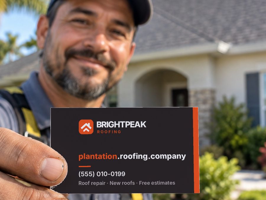 plantation.roofing.company on a roofer's business card