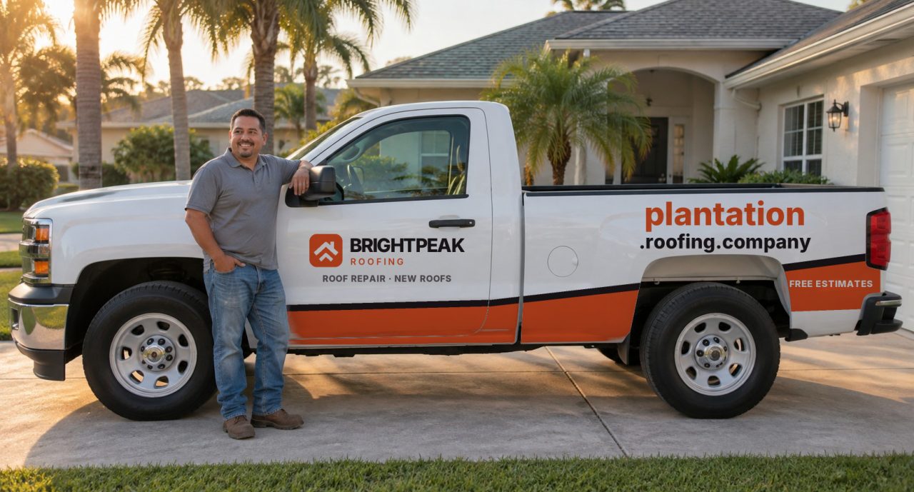 plantation.roofing.company painted on the side of a white work truck