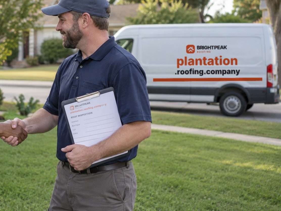 plantation.roofing.company on a roofing van and an inspection form